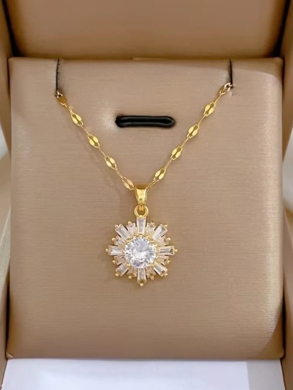 NEW! 14k Gold Plated Elegant CZ Sunburst Pendant Necklace- Women's Jewelry